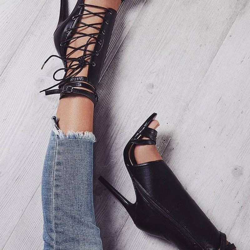 Roman Buckle Lace Up Peep Toe Strap Heels