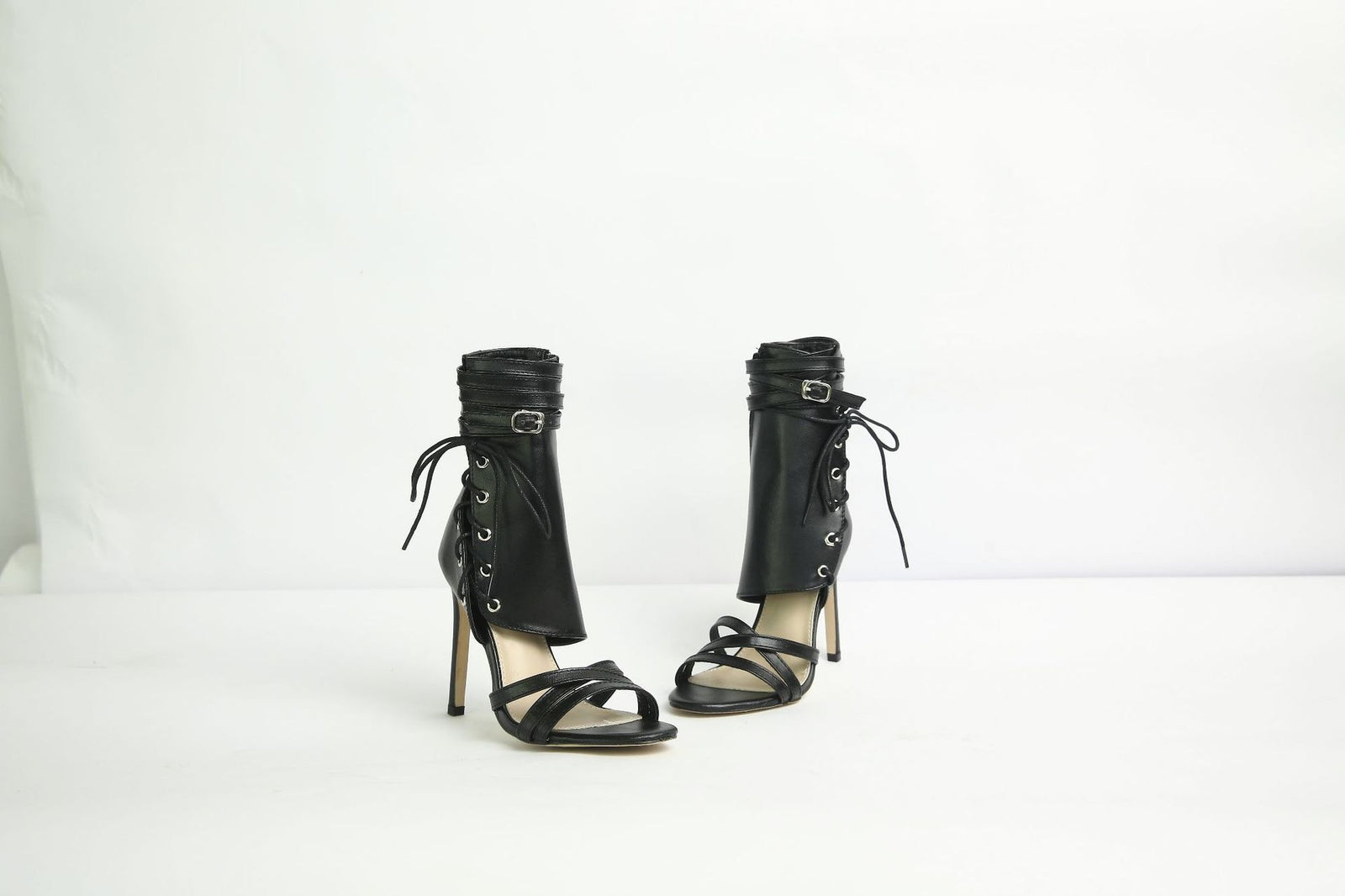 Roman Buckle Lace Up Peep Toe Strap Heels