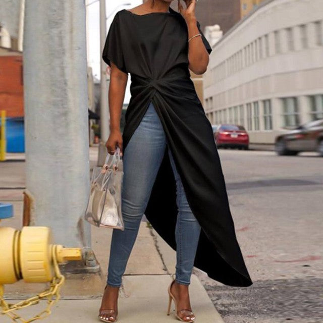 Pleated Knot Long Irregular Blouse - Fashion Damsel