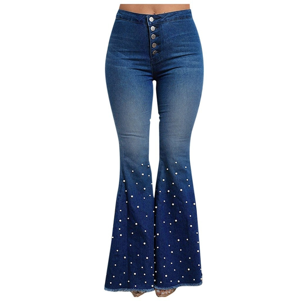 High Waist Flare Button Bell-bottom Tassel Pants - Fashion Damsel