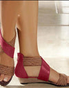 Fish Mouth Leather Canvas Wedge Sandals