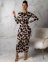 High Waist Ankle-Length Leopard Long Sleeve Dress - Fashion Damsel
