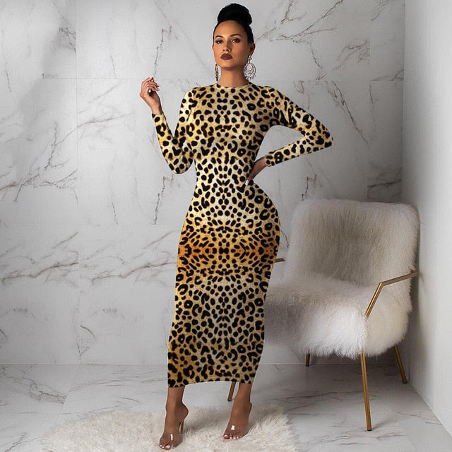 High Waist Ankle-Length Leopard Long Sleeve Dress - Fashion Damsel