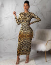 High Waist Ankle-Length Leopard Long Sleeve Dress - Fashion Damsel