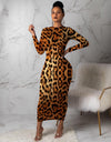 High Waist Ankle-Length Leopard Long Sleeve Dress - Fashion Damsel