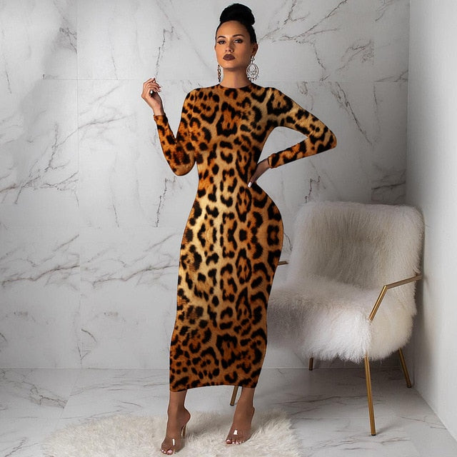 High Waist Ankle-Length Leopard Long Sleeve Dress - Fashion Damsel