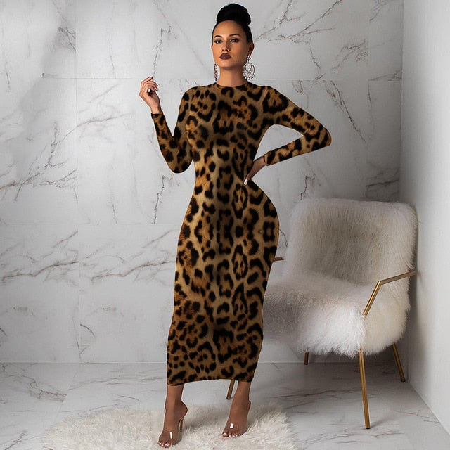 High Waist Ankle-Length Leopard Long Sleeve Dress - Fashion Damsel