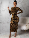High Waist Ankle-Length Leopard Long Sleeve Dress - Fashion Damsel