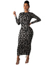 High Waist Ankle-Length Leopard Long Sleeve Dress - Fashion Damsel