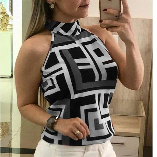 Sleeveless Geometric Halter Vest Top