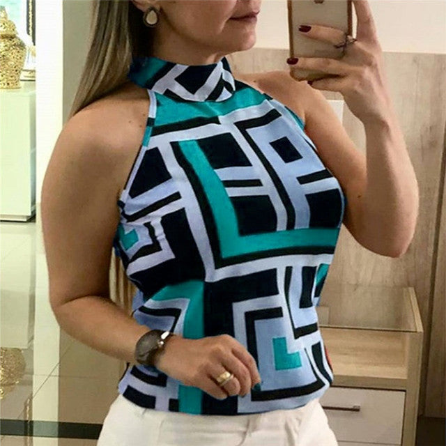 Sleeveless Geometric Halter Vest Top