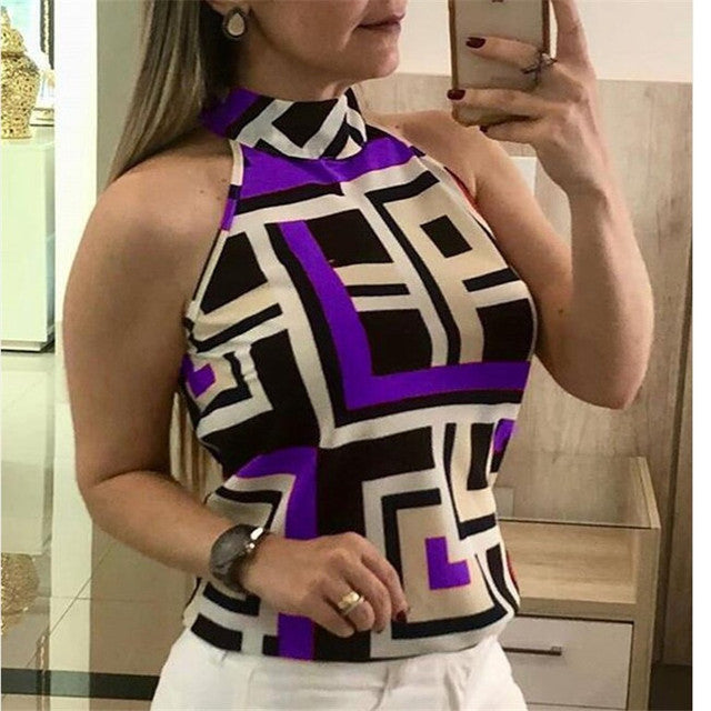 Sleeveless Geometric Halter Vest Top