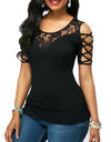 Cold Shoulder Round Neck Floral Lace T-Shirt