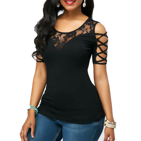 Cold Shoulder Round Neck Floral Lace T-Shirt
