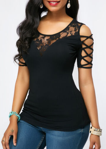 Cold Shoulder Round Neck Floral Lace T-Shirt