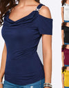 S-XXL Cold Shoulder Draped Collar T-Shirt