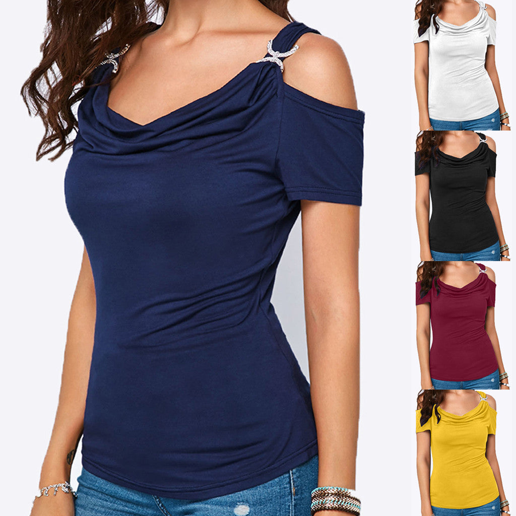 S-XXL Cold Shoulder Draped Collar T-Shirt