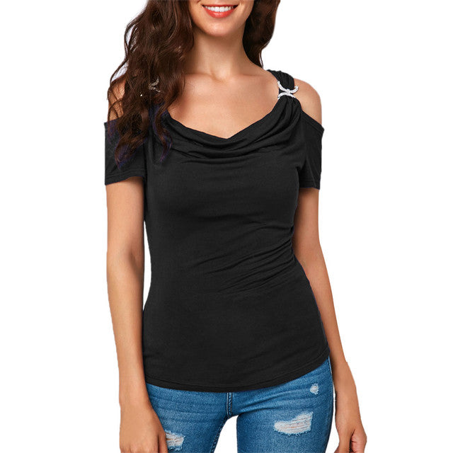 S-XXL Cold Shoulder Draped Collar T-Shirt