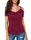 S-XXL Cold Shoulder Draped Collar T-Shirt