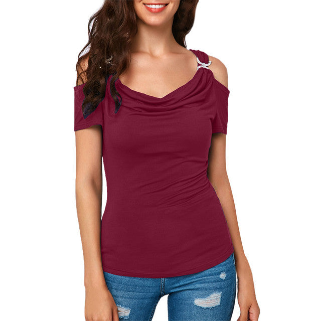 S-XXL Cold Shoulder Draped Collar T-Shirt