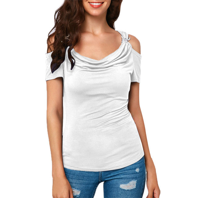 S-XXL Cold Shoulder Draped Collar T-Shirt