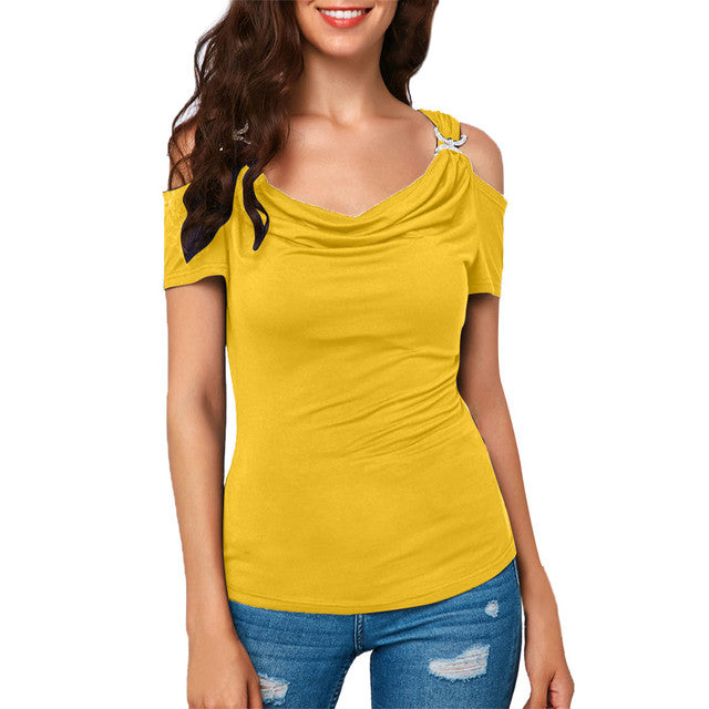 S-XXL Cold Shoulder Draped Collar T-Shirt
