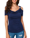 S-XXL Cold Shoulder Draped Collar T-Shirt