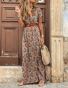 V Neck Short Sleeve Paisley Print Long Dress - Fashion Damsel