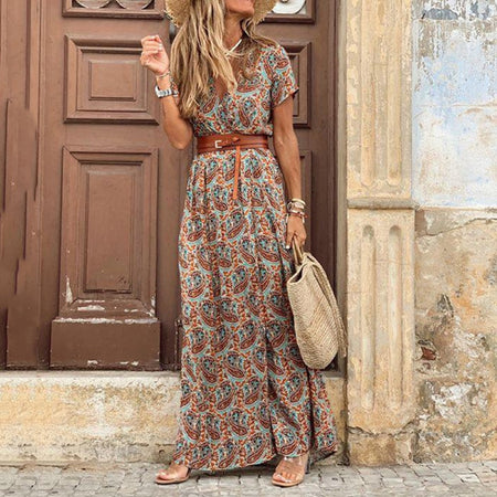 V Neck Short Sleeve Paisley Print Long Dress - Fashion Damsel