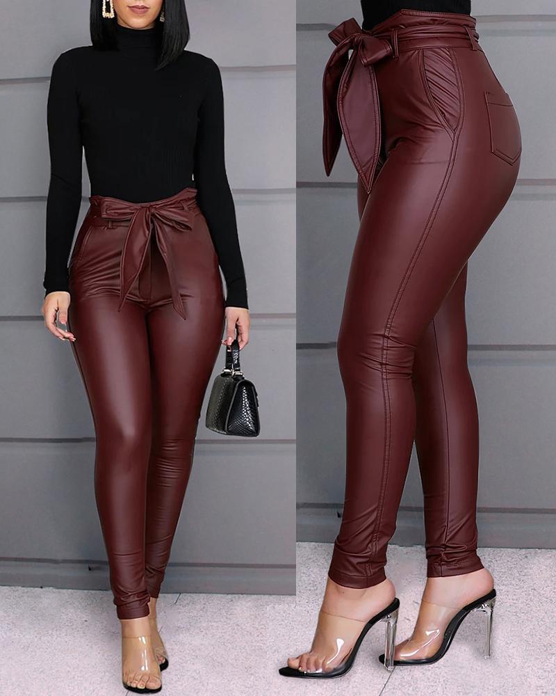 High Waist Leather Leggings With Bow Sashes - Fashion Damsel