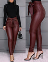 High Waist Leather Leggings With Bow Sashes - Fashion Damsel