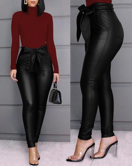 High Waist Leather Leggings With Bow Sashes - Fashion Damsel