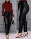 High Waist Leather Leggings With Bow Sashes - Fashion Damsel