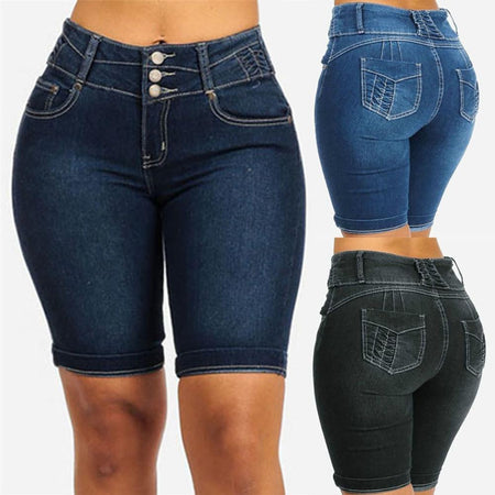 S-5XL High Waist Denim Stretch Slim Knee Shorts