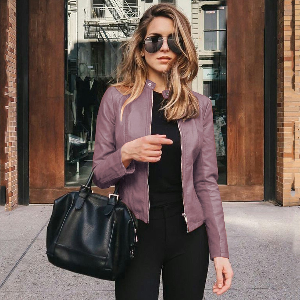 Leather Solid Colors Long Sleeve Jacket - Fashion Damsel