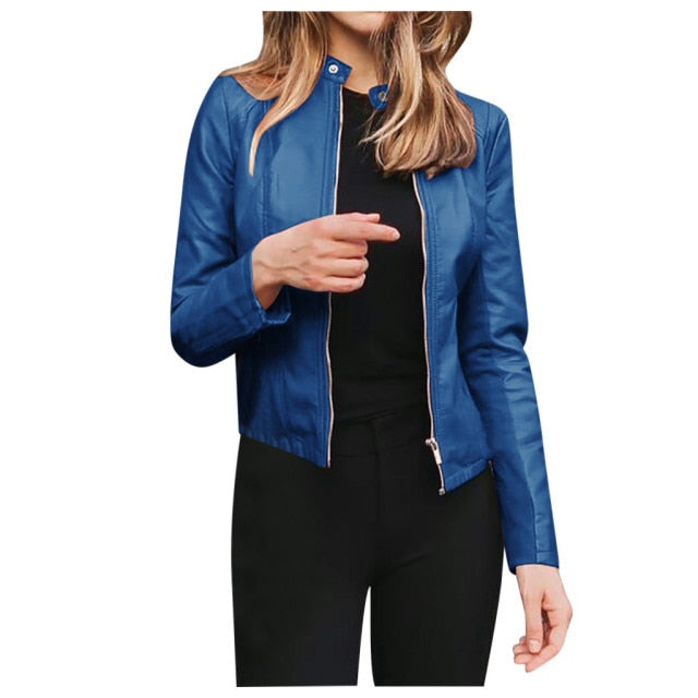 Leather Solid Colors Long Sleeve Jacket - Fashion Damsel