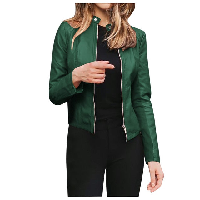 Leather Solid Colors Long Sleeve Jacket - Fashion Damsel
