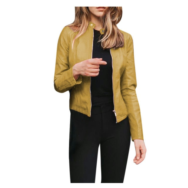 Leather Solid Colors Long Sleeve Jacket - Fashion Damsel