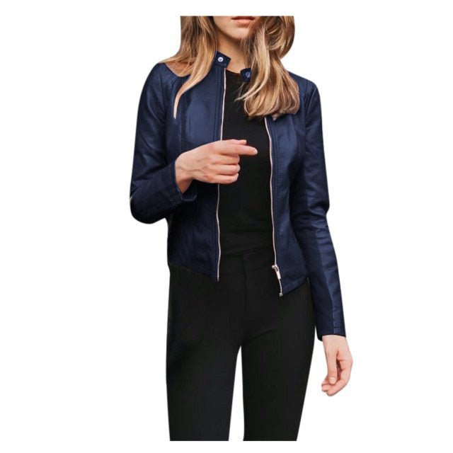 Leather Solid Colors Long Sleeve Jacket - Fashion Damsel