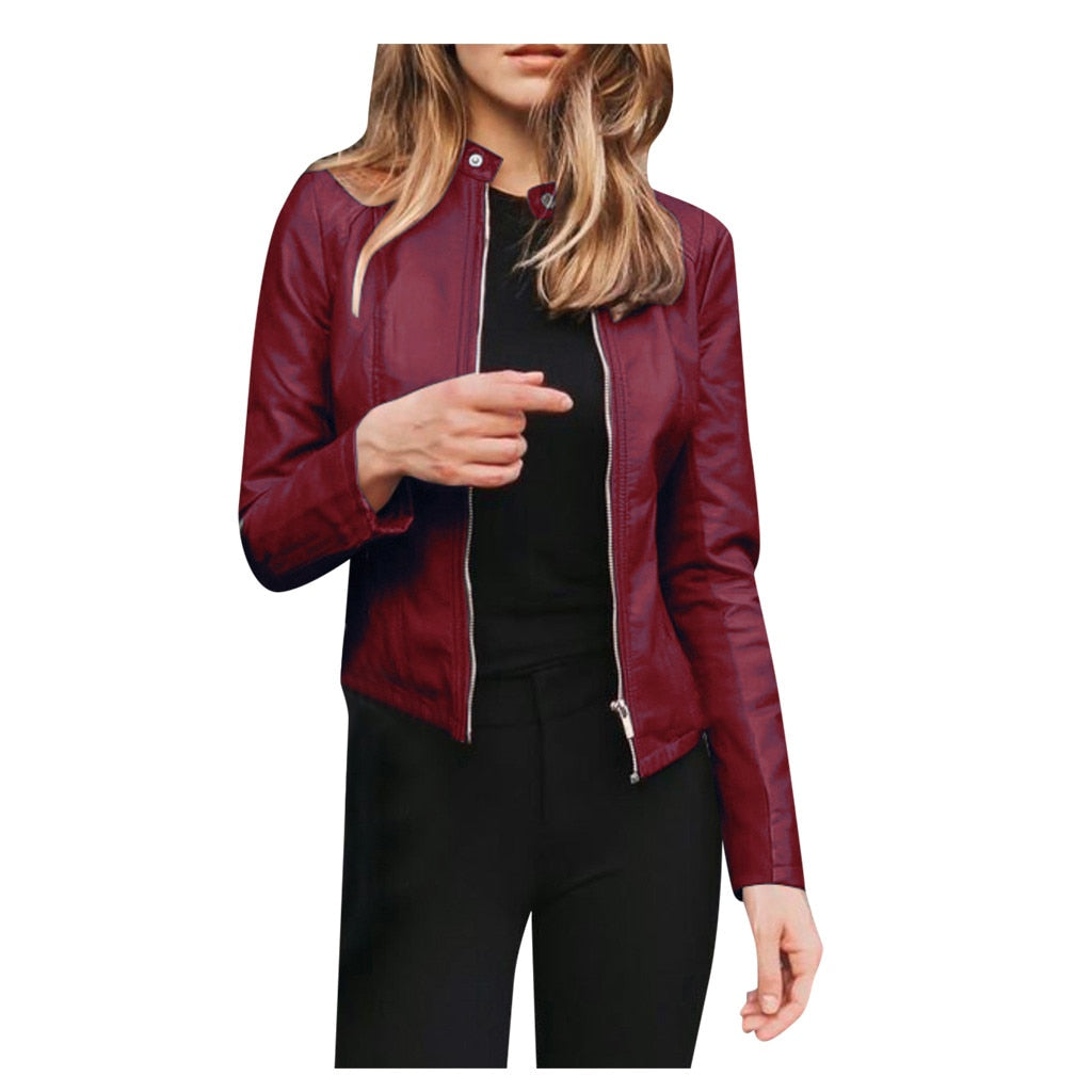 Leather Solid Colors Long Sleeve Jacket - Fashion Damsel