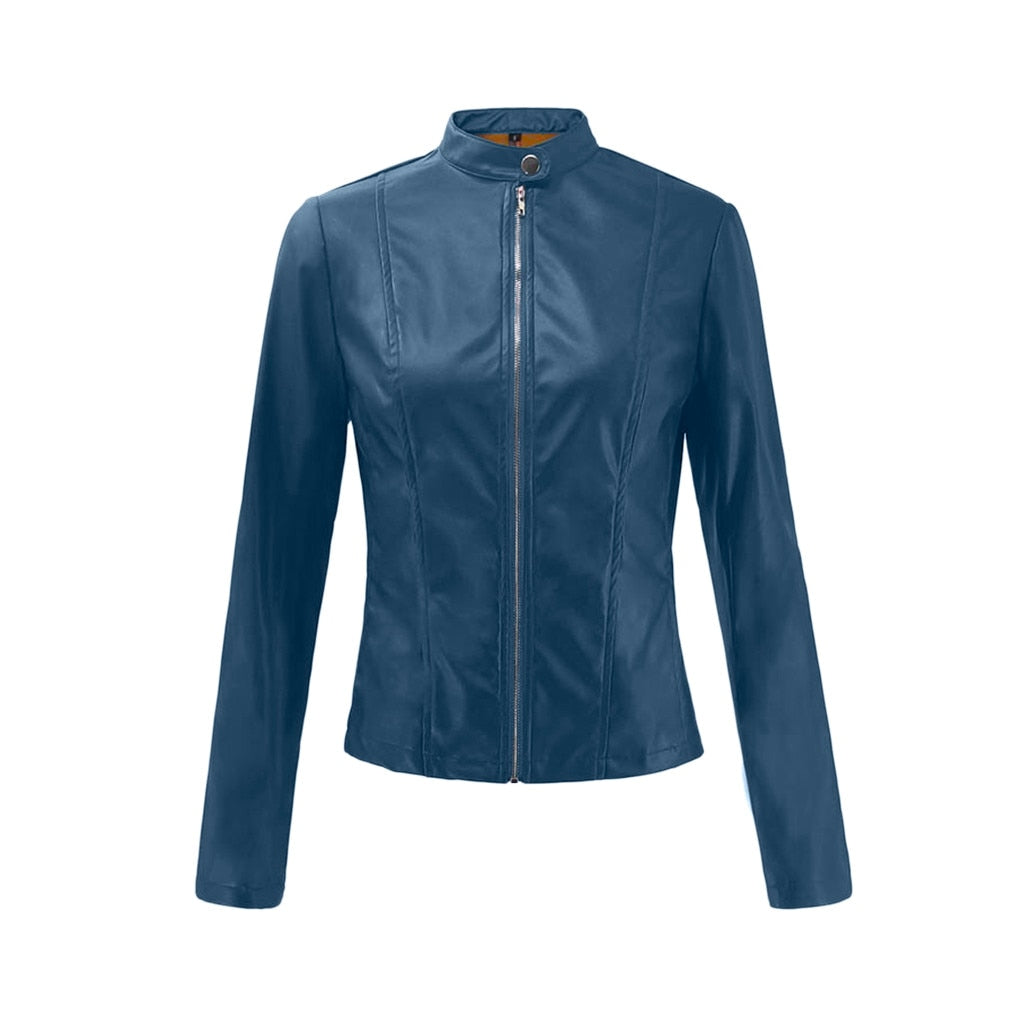 Leather Solid Colors Long Sleeve Jacket - Fashion Damsel