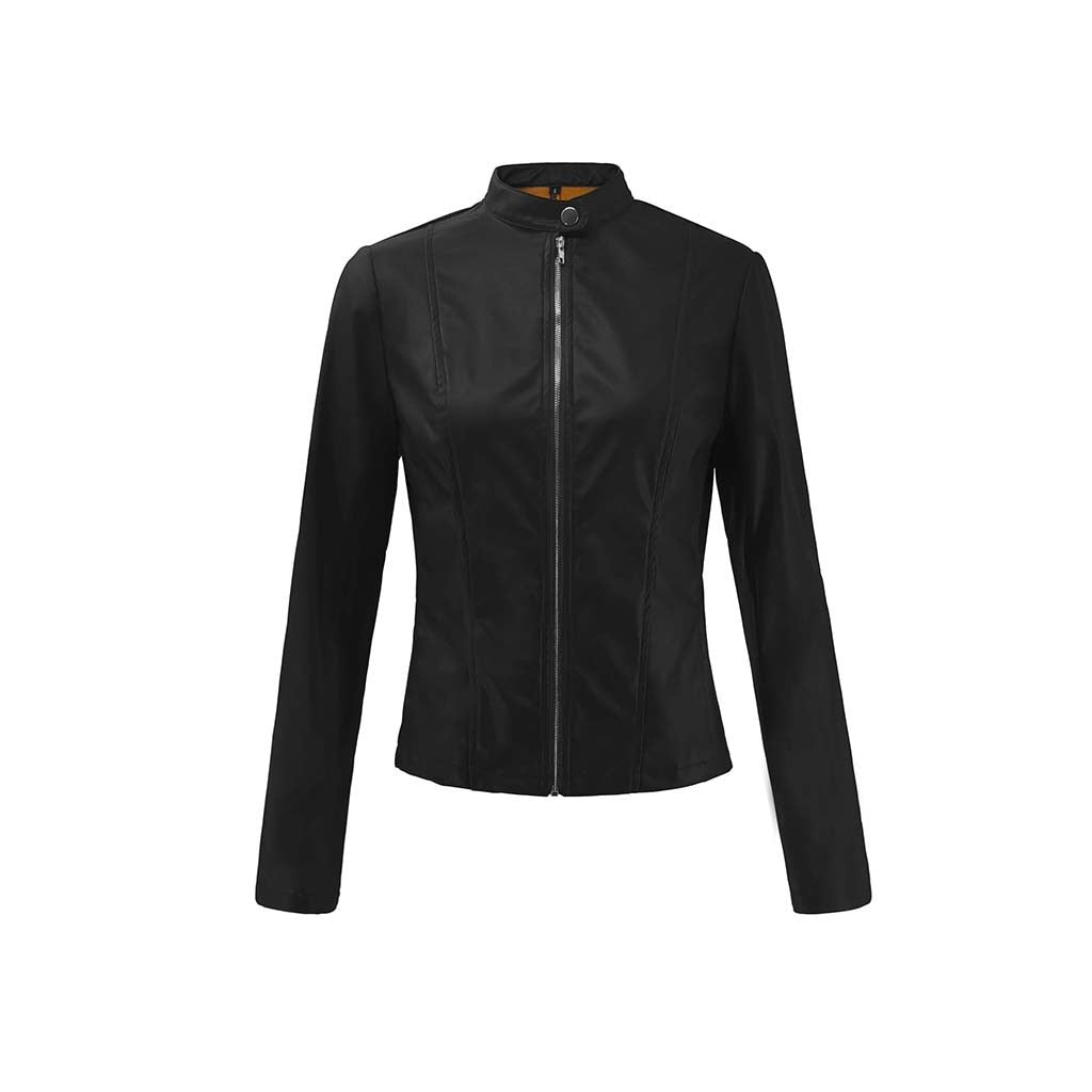 Leather Solid Colors Long Sleeve Jacket - Fashion Damsel