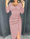V-Neck High Split Long Sleeve Elegant Dress