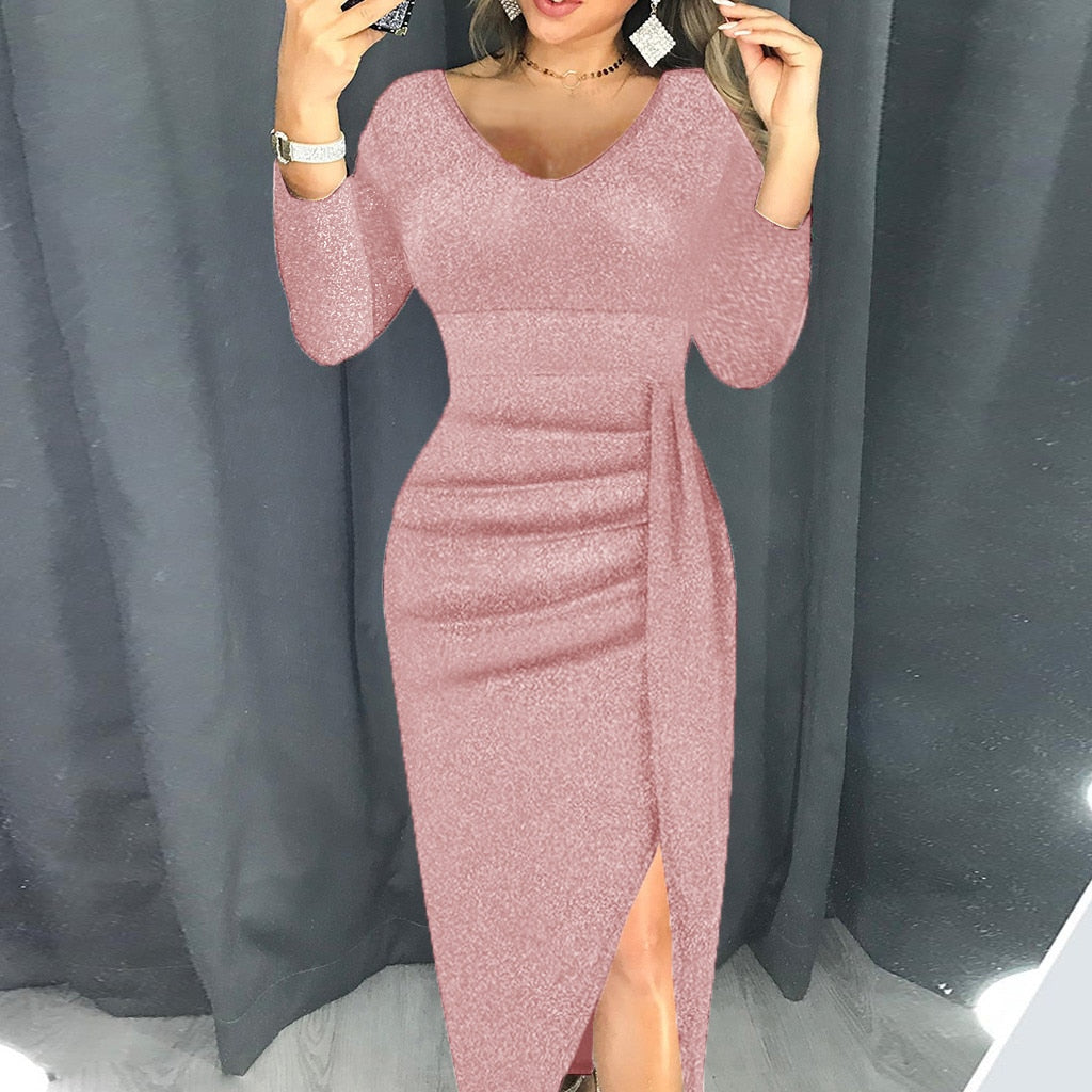 V-Neck High Split Long Sleeve Elegant Dress