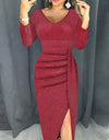 V-Neck High Split Long Sleeve Elegant Dress
