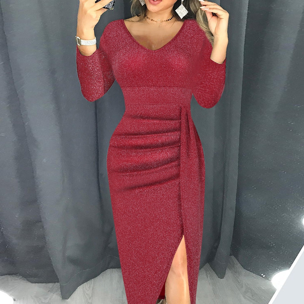 V-Neck High Split Long Sleeve Elegant Dress