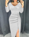 V-Neck High Split Long Sleeve Elegant Dress