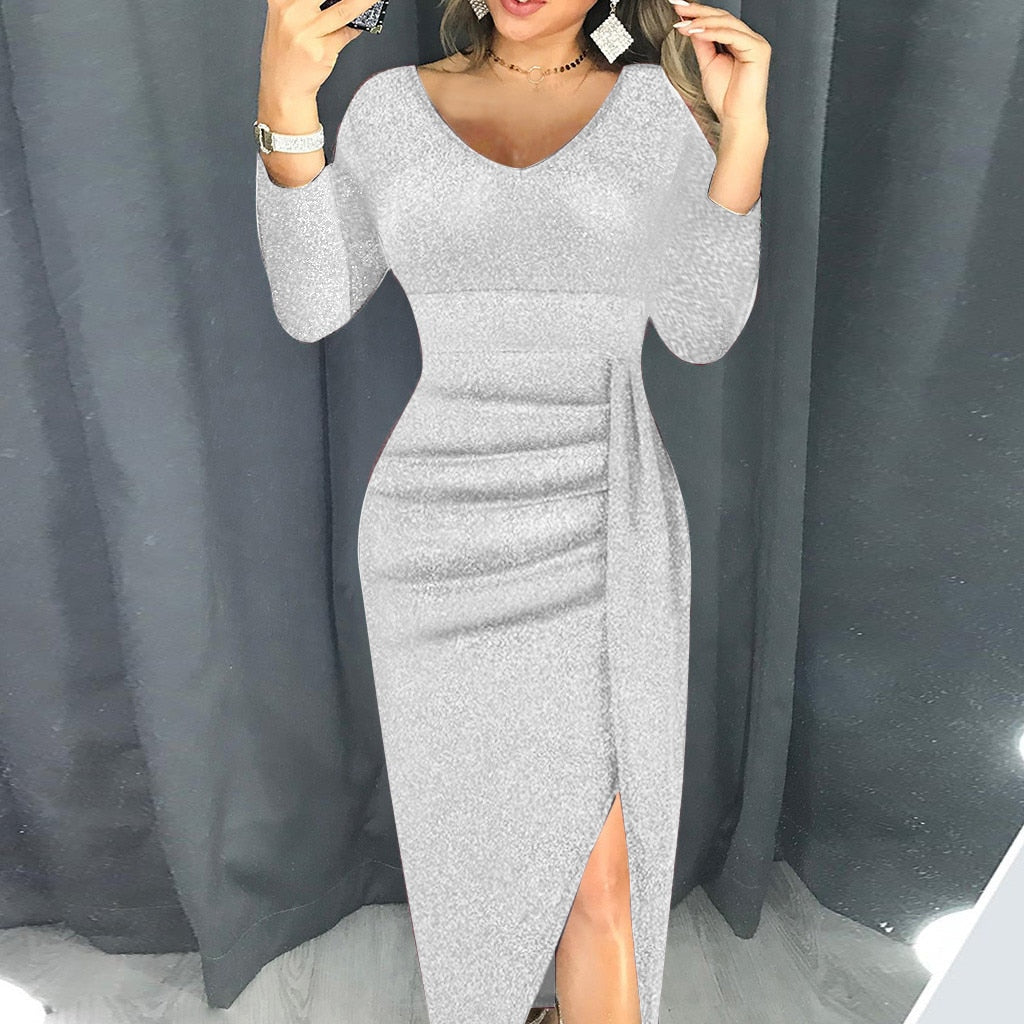 V-Neck High Split Long Sleeve Elegant Dress