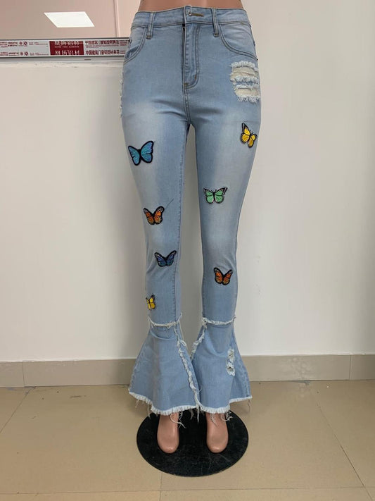 Casual Butterfly Print Flare Jeans Pants