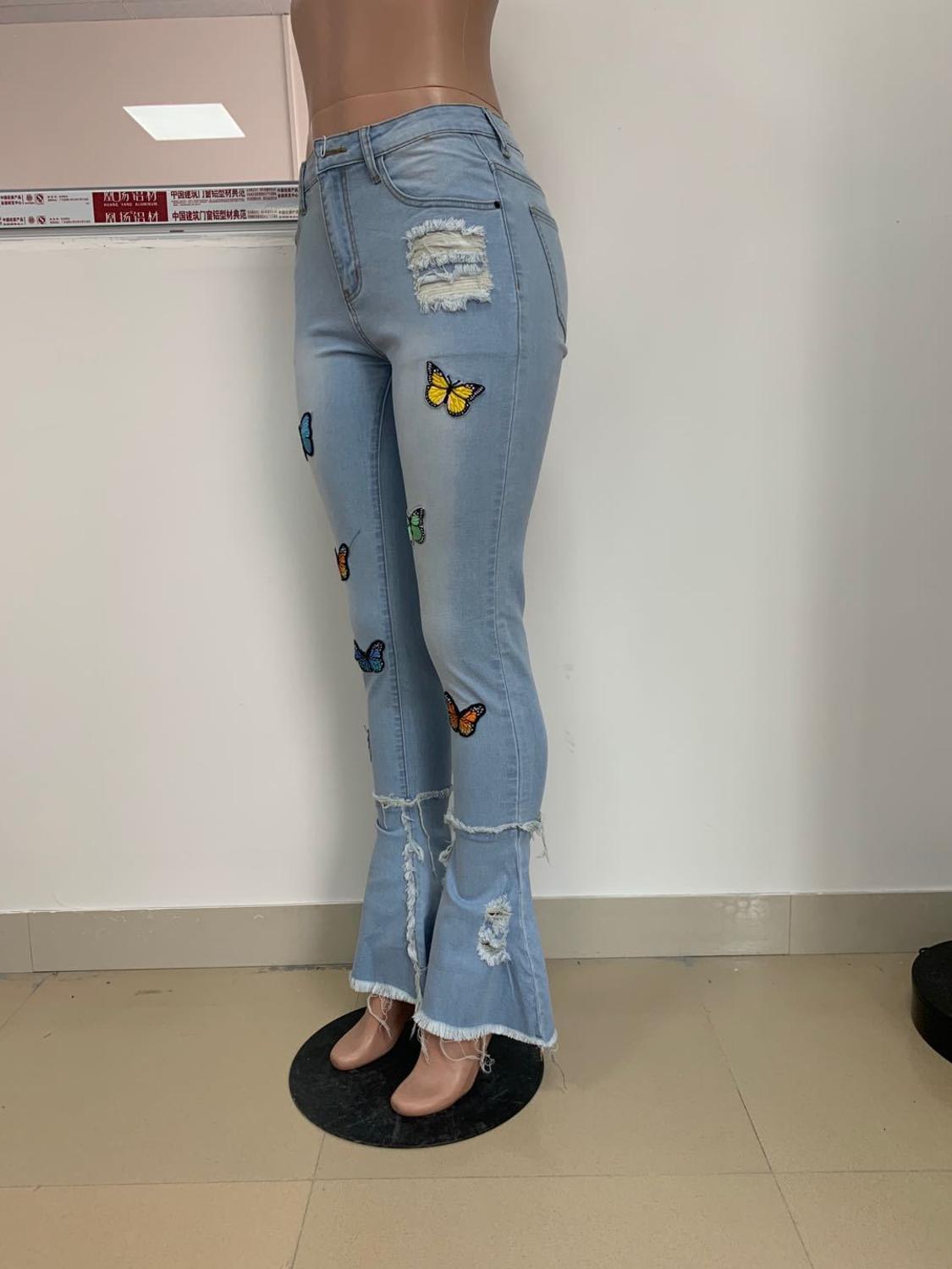 Casual Butterfly Print Flare Jeans Pants